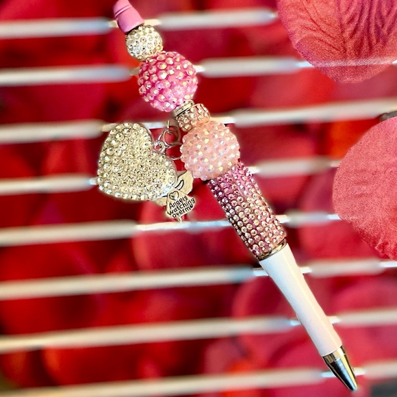 Handmade Pink & Silver Bling Beaded Pen | Rhinestone Charm Pen - Picture 3 of 14